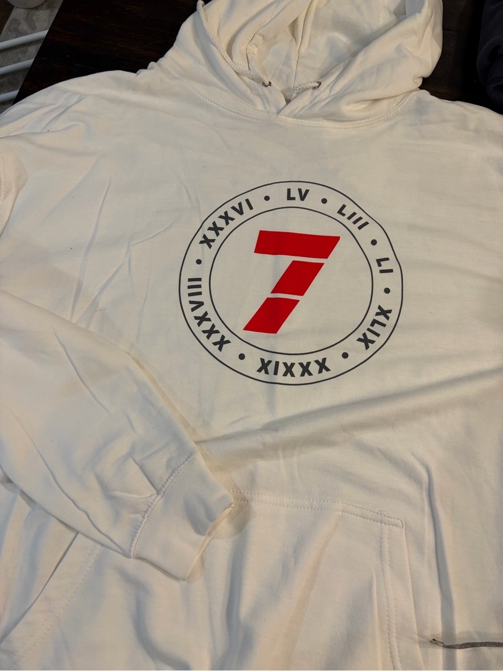 Tom Brady TB12 "7 Rings" white hoodie Super Bowl XXL